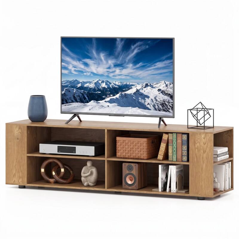 Angle. WELLFOR - Modern TV Stand for TVs up to 65 Inch, Entertainment Center Media Console Table with 8 Open Shelves - Natural.