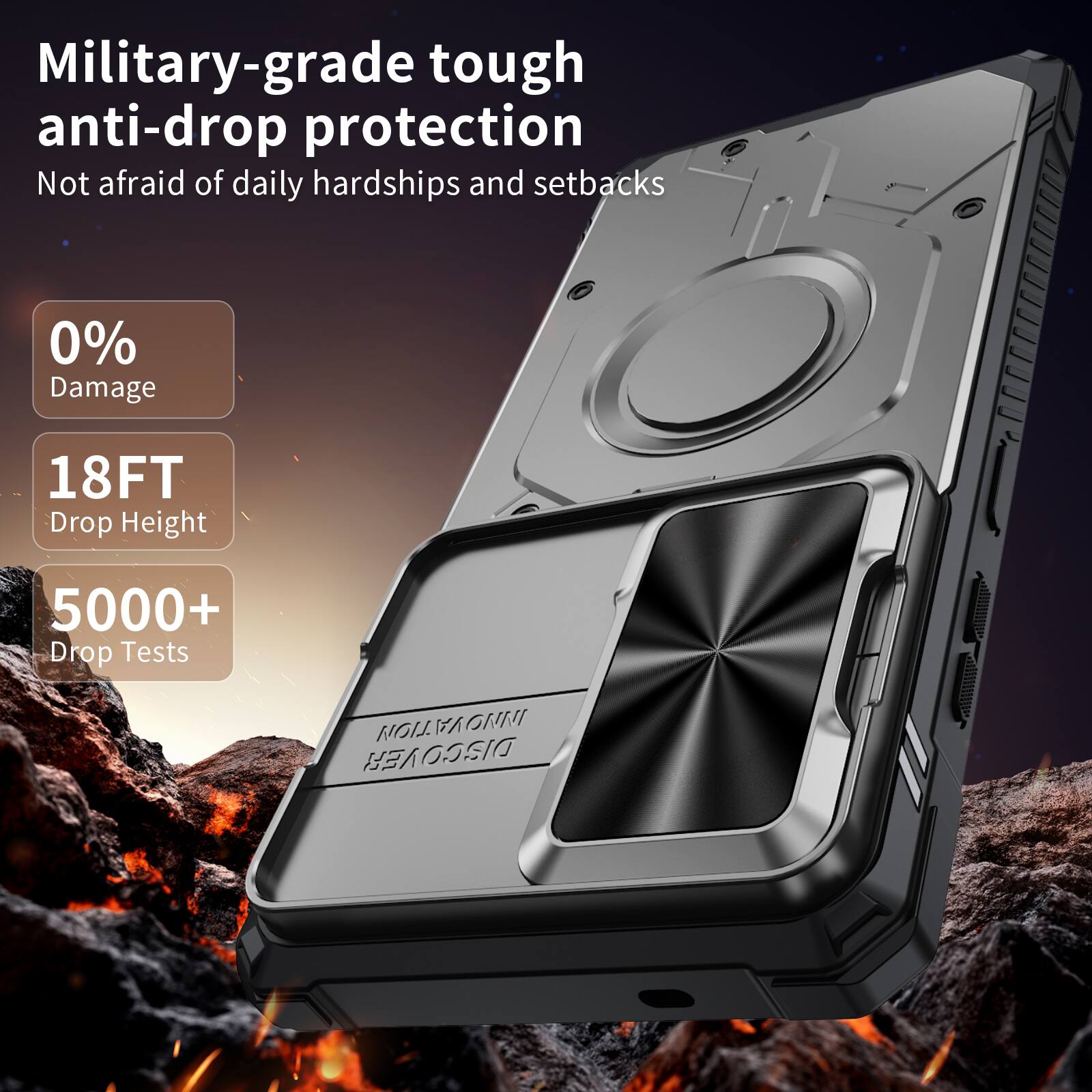 Military-grade tough anti-drop protection  
Not afraid of daily hardships and setbacks  
0% Damage  
18FT Drop Height  
5000+ Drop Tests  
NOLVAGNNI NOI DISCOVER