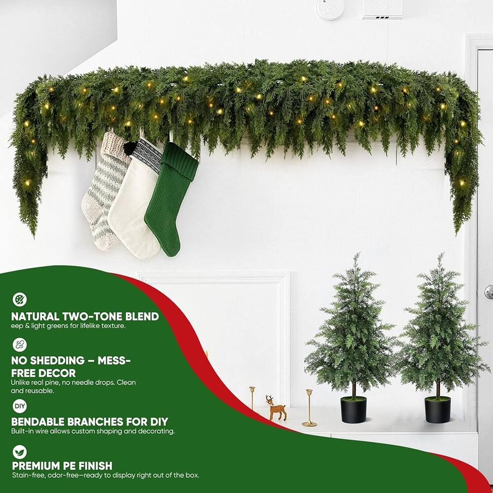 NATURAL TWO-TONE BLEND  
Deep & light greens for lifelike texture.

NO SHEDDING – MESS-FREE DECOR  
Unlike real pine, no needle drops. Clean and reusable.

BENDABLE BRANCHES FOR DIY  
Built-in wire allows custom shaping and decorating.

PREMIUM PE FINISH  
Stain-free, odor-free – ready to display right out of the box.