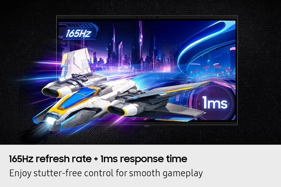 The text on the image states: "165Hz 1ms refresh rate + 1ms response time. Enjoy stutter-free control for smooth gameplay."