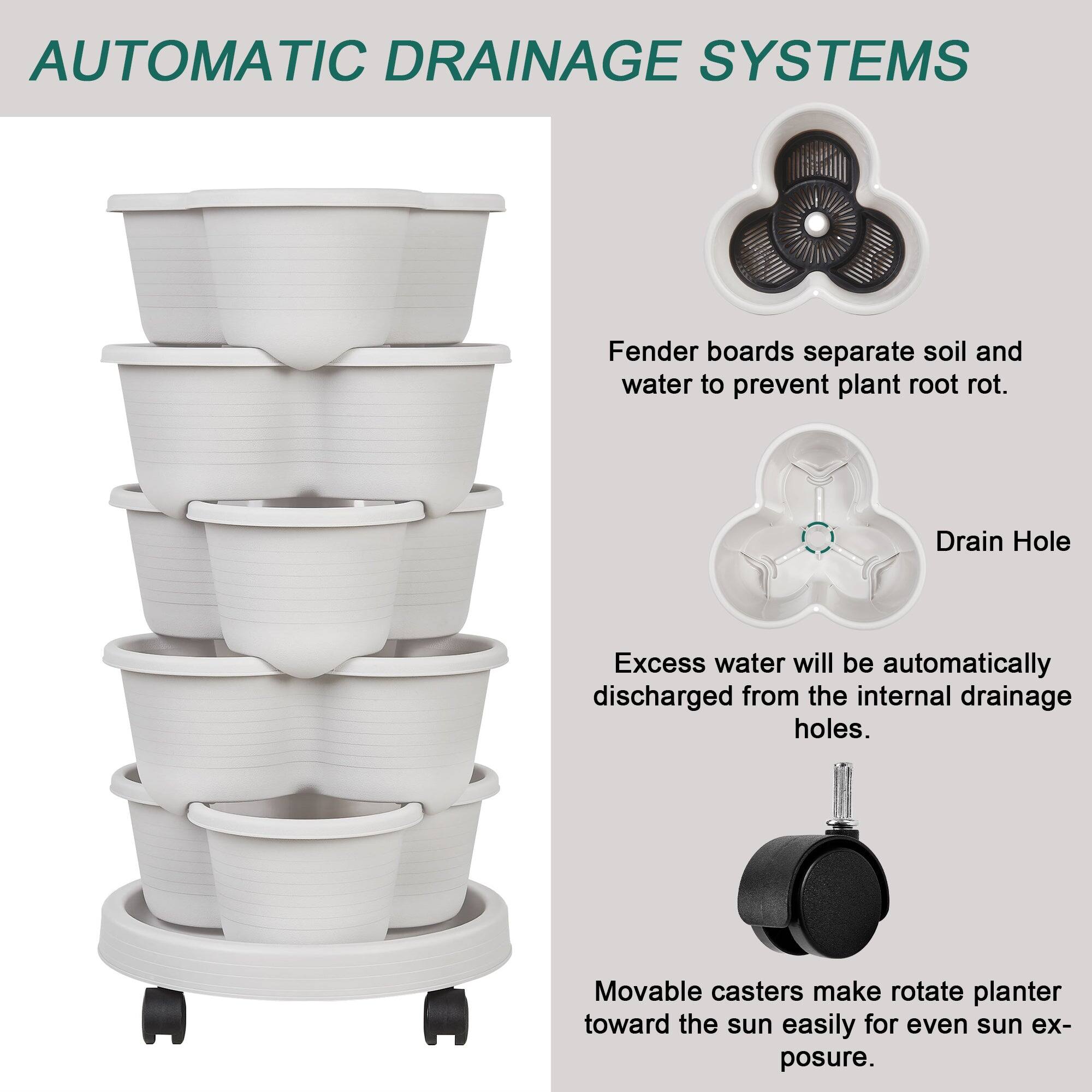**AUTOMATIC DRAINAGE SYSTEMS**

- **Fender boards** separate soil and water to prevent plant root rot.
- **Drain Hole**: Excess water will be automatically discharged from the internal drainage holes.
- **Movable casters** make rotate planter toward the sun easily for even sun exposure.