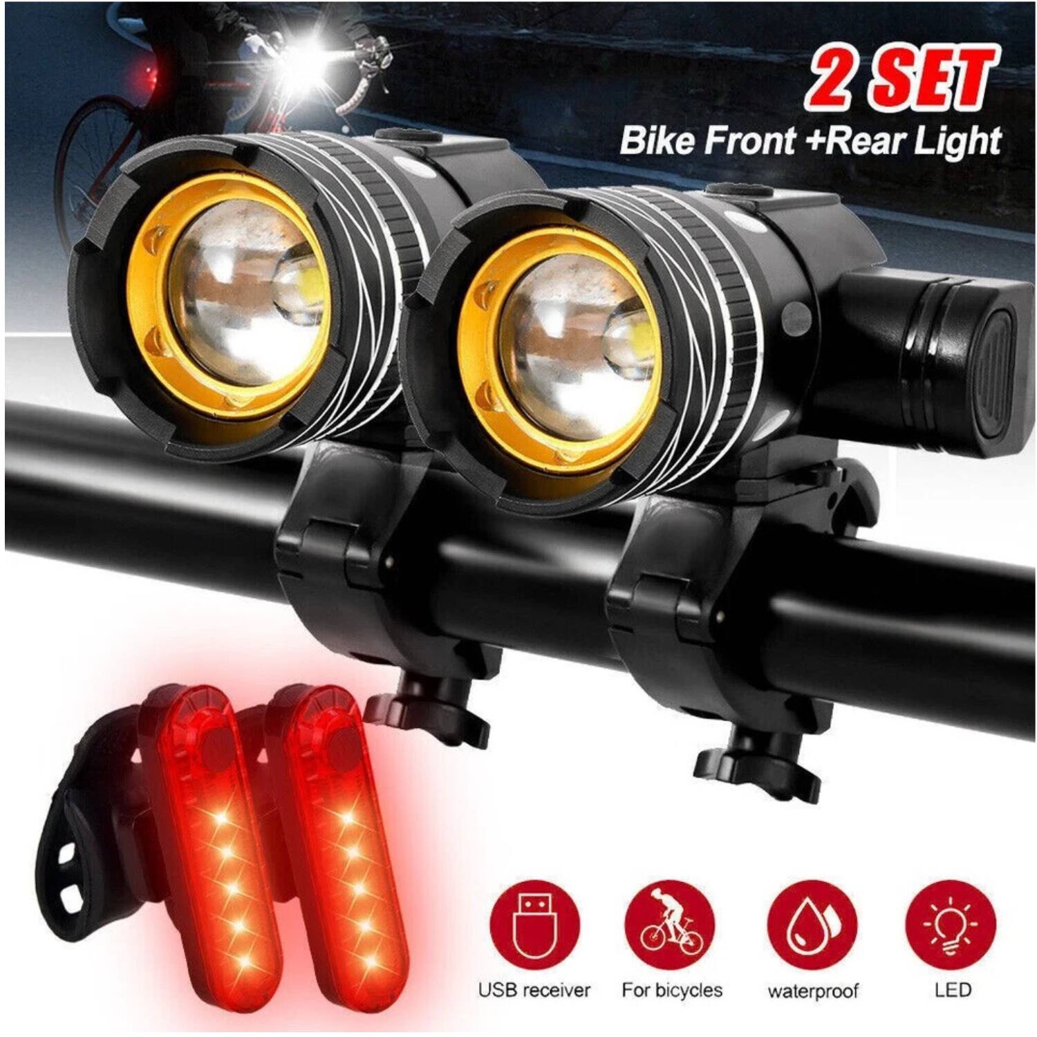 2 SET  
Bike Front + Rear Light  

USB receiver  
For bicycles  
Waterproof  
LED