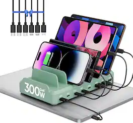 Core Tech - 300W 8-Port USB-C and USB-A Charging Station for Multiple Devices with 6 Cables - Green