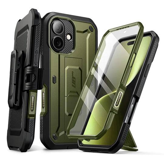 Angle. SUPCASE - Unicorn Beetle Pro Rugged Case for iPhone 17 – Full-Body Protection with Screen Protector - Dark Green.