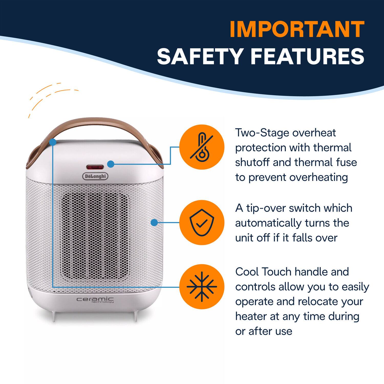 IMPORTANT SAFETY FEATURES

- Two-Stage overheat protection with thermal shutoff and thermal fuse to prevent overheating
- A tip-over switch which automatically turns the unit off if it falls over
- Cool Touch handle and controls allow you to easily operate and relocate your heater at any time during or after use