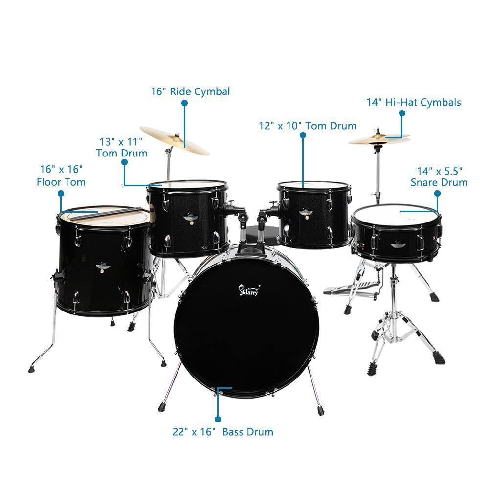 16" Ride Cymbal  
14" Hi-Hat Cymbals  
13" x 11" Tom Drum  
16" x 16" Floor Tom  
12" x 10" Tom Drum  
14" x 5.5" Snare Drum  
22" x 16" Bass Drum
