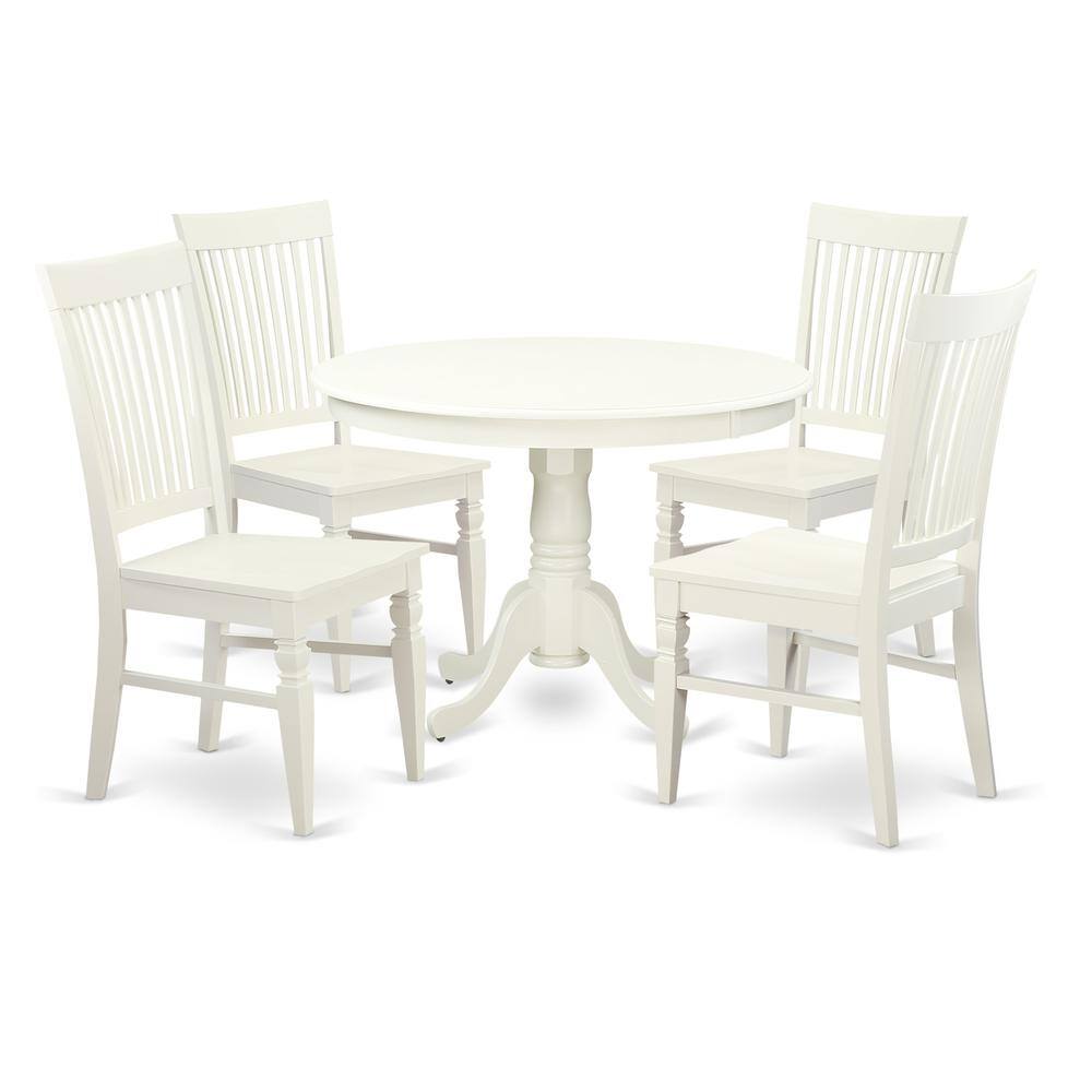 Left. East West Furniture - 5 Pc set with a Round Dinette Table and 4 Wood Dinette Chairs in Linen White - Linen White.