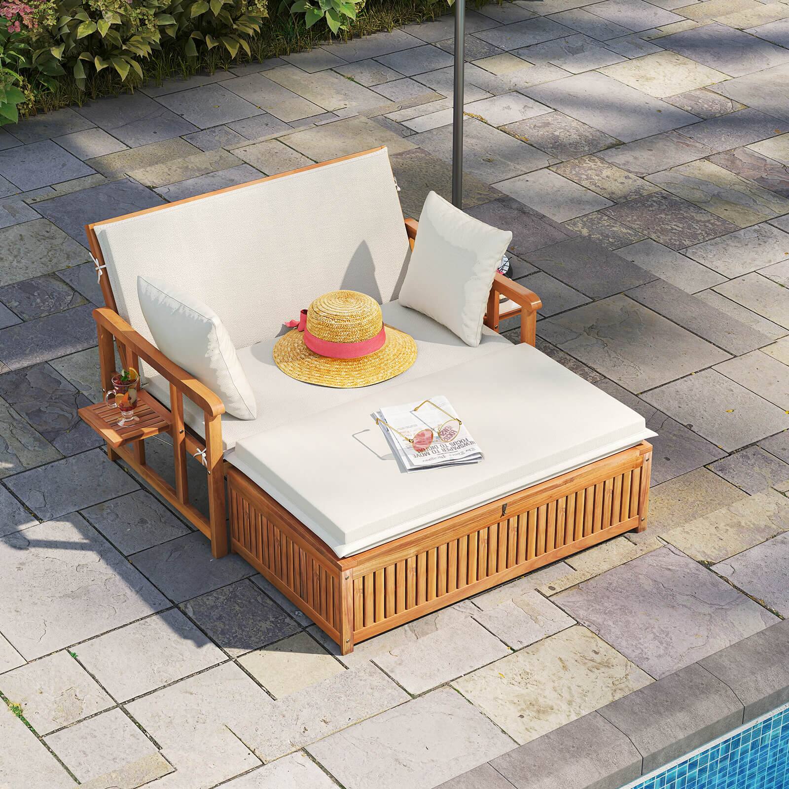 Alt View 3. Costway - Costway Outdoor Wooden Daybed with 4-Level Backrest & Removable Cushions for Poolside - Off-White.
