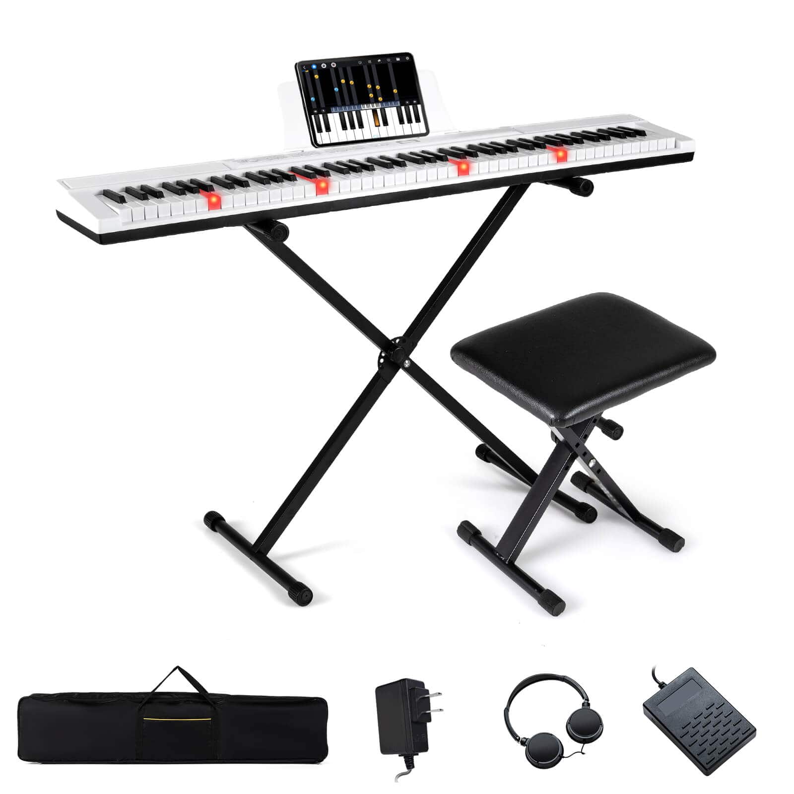 Front. Costway - Costway 88-Key Electric Piano Keyboard with Adjustable Stand Stool, Light-up Keys & Buttons - White.