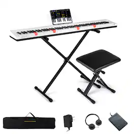 Costway - 88-Key Electric Piano Keyboard with Adjustable Stand Stool, Light-up Keys & Buttons - White