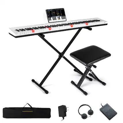 Front. Costway - Costway 88-Key Electric Piano Keyboard with Adjustable Stand Stool, Light-up Keys & Buttons - White.
