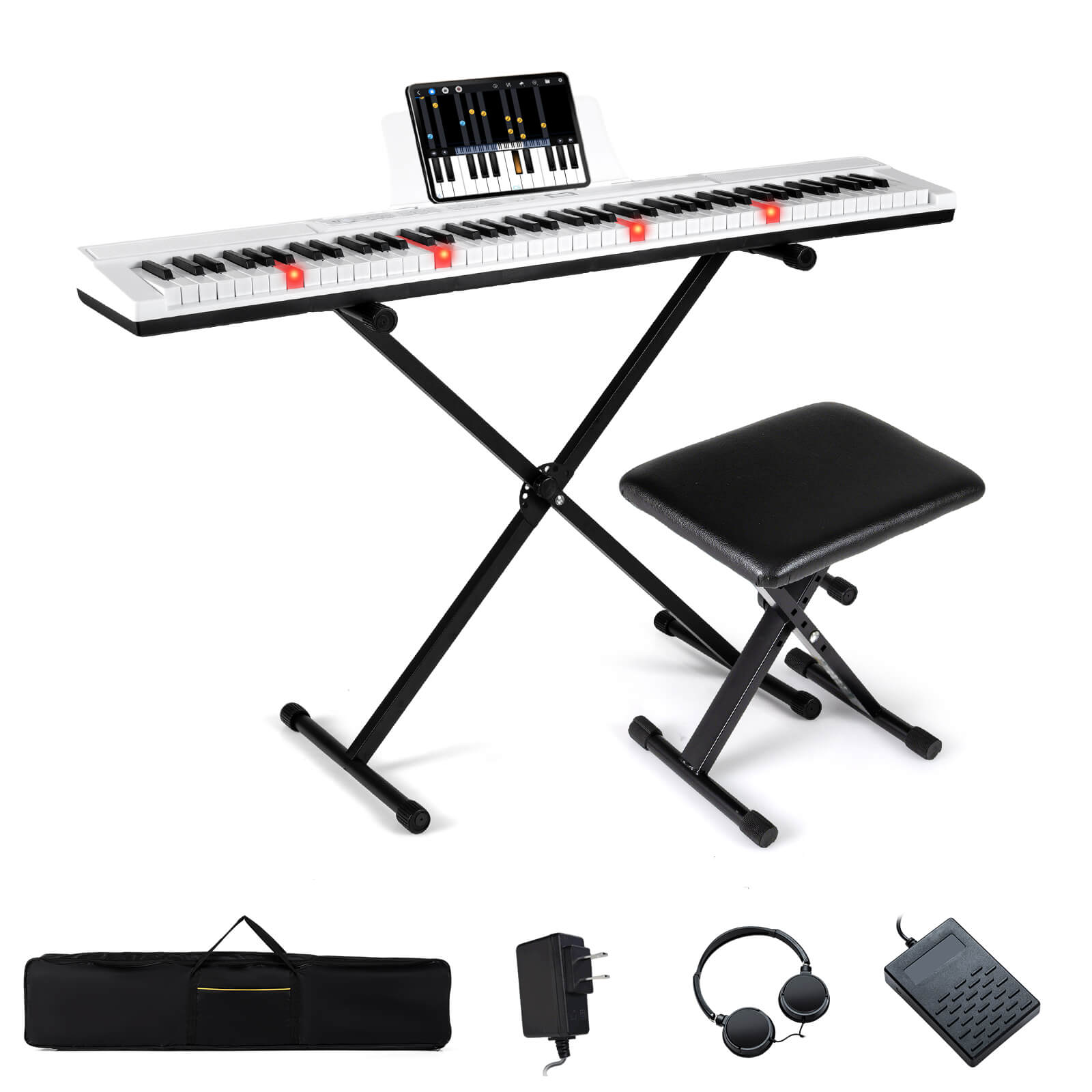 Front. Costway - Costway 88-Key Electric Piano Keyboard with Adjustable Stand Stool, Light-up Keys & Buttons - White.