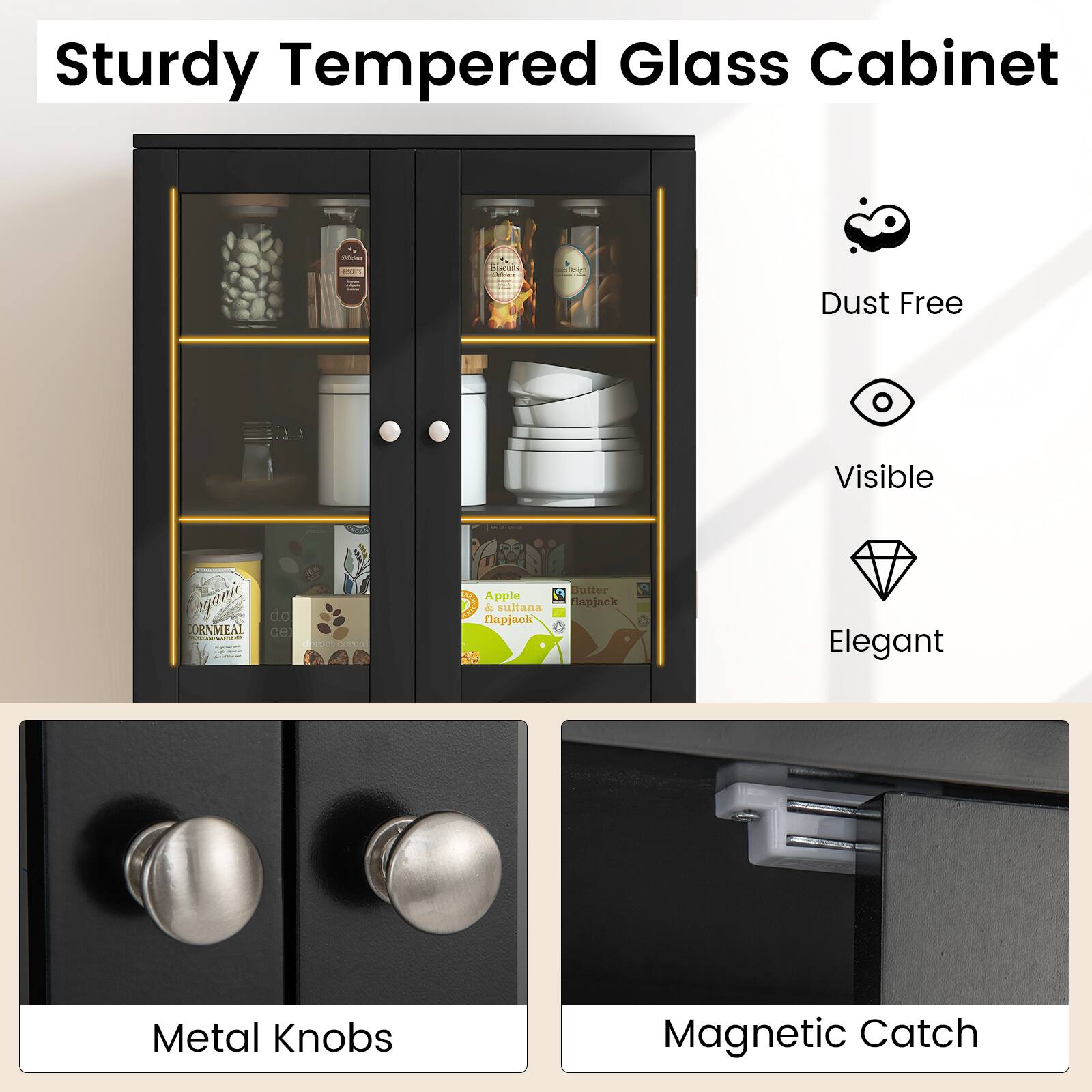 Sturdy Tempered Glass Cabinet - Dust Free, Visible, Elegant, Metal Knobs, Magnetic Catch