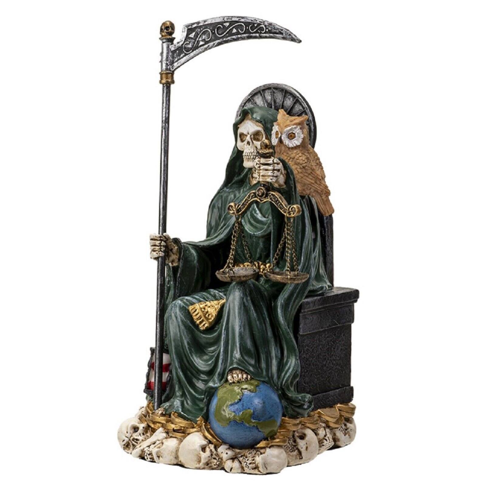 Back. Pacific Trading - Sitting Santa Muerte inGreen Gown with Owl and Scale Figurine Death 9 Inch.