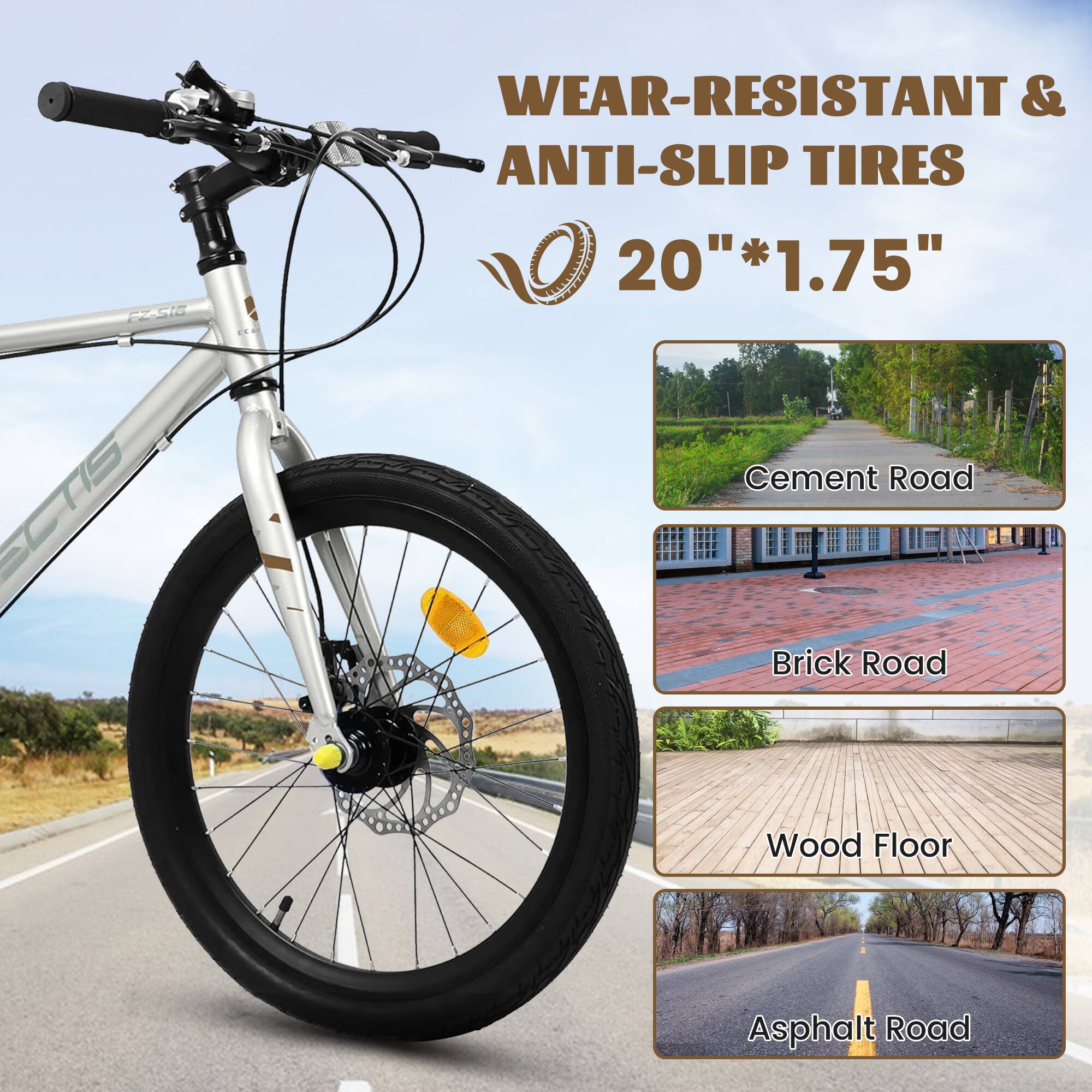 WEAR-RESISTANT & ANTI-SLIP TIRES  
20" * 1.75"  

Cement Road  
Brick Road  
Wood Floor  
Asphalt Road