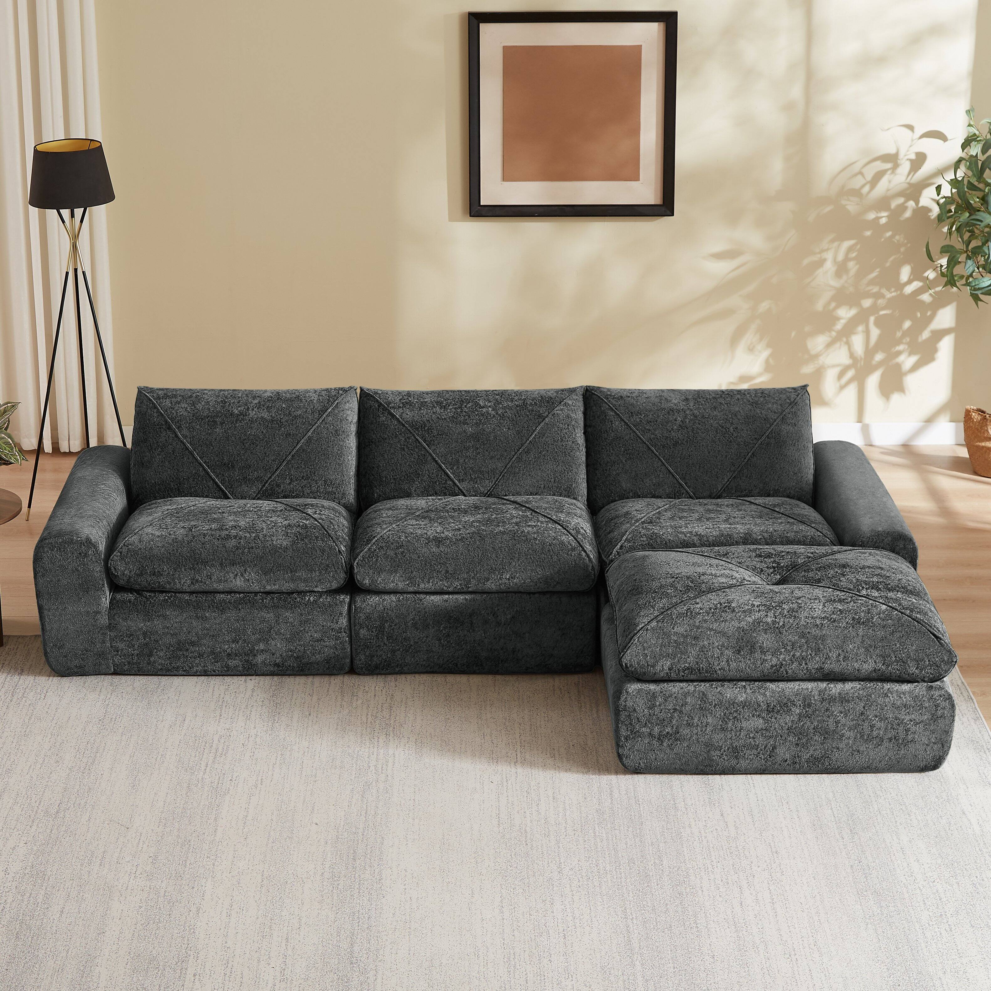 Left. Loheer - Loheer Chenille Sectional Sofa 119 Inch Modern Minimalist Couch with Ottoman - Dark Gray.