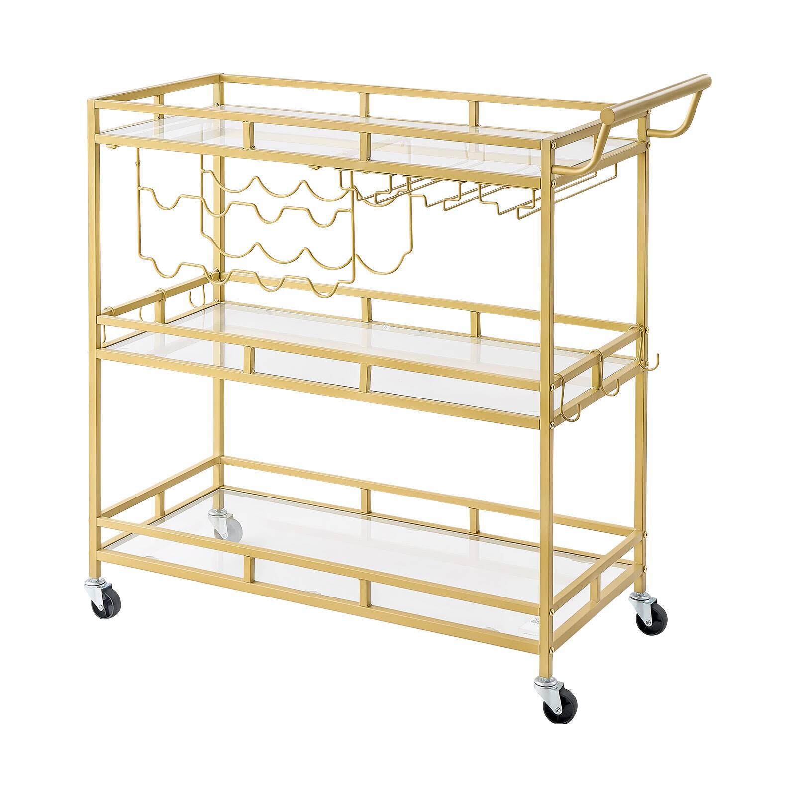 Alt View 5. VEVOR - Bar Cart, 3 Tiers Home Kitchen Serving Carts, Modern Rolling Utility Station on Wheels, Drink Beverage Trolley - Gold.