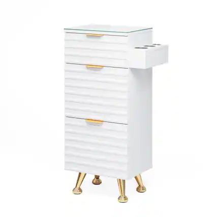 Front. Winado - Barber Station Barber Station with Removable Glass Top & Hot Tool Holder & 3 Pull-out Drawers & Aluminium Alloy Handle - White & Gold.