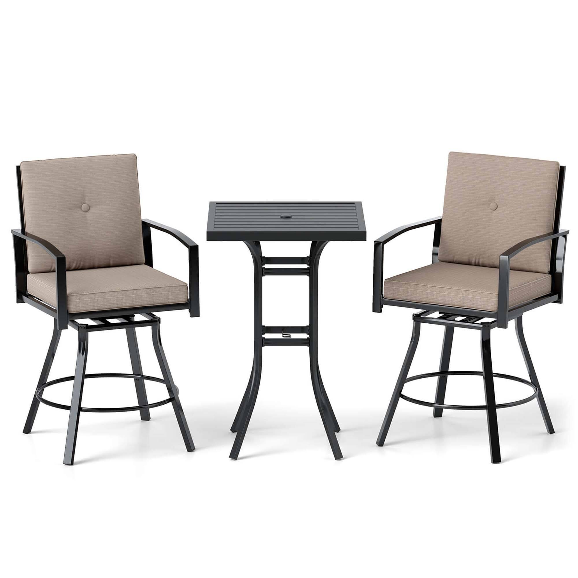 Alt View 1. Costway - 3 PCS Patio Swivel Bar Set Table and Chairs Set with Soft Cushions & Umbrella Hole - Black+Brown.