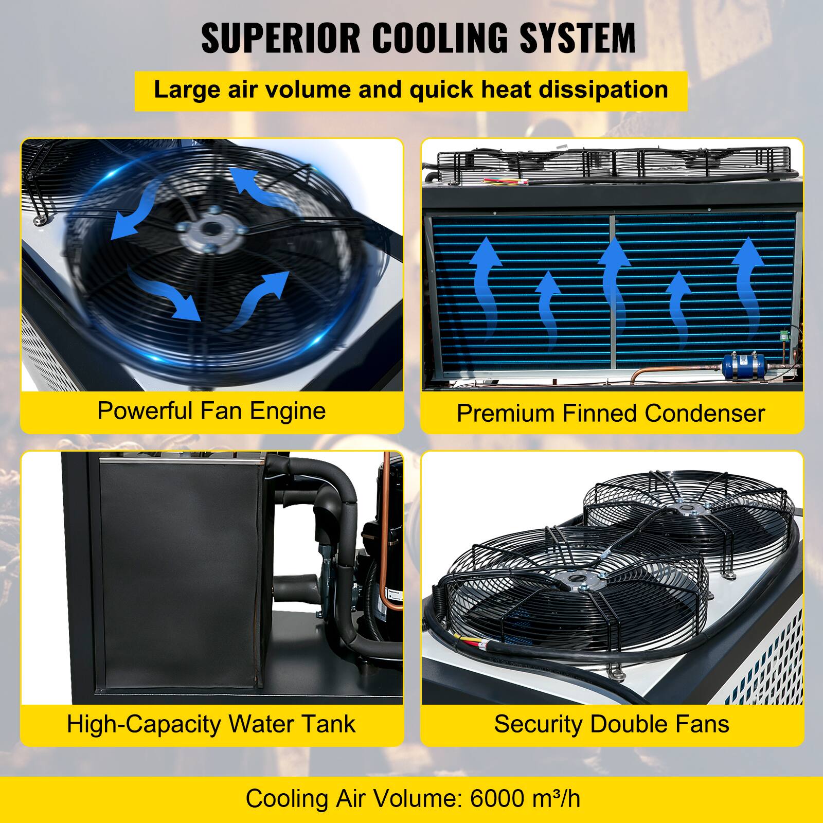 SUPERIOR COOLING SYSTEM  
Large air volume and quick heat dissipation  
Powerful Fan Engine  
Premium Finned Condenser  
High-Capacity Water Tank  
Security Double Fans  
Cooling Air Volume: 6000 m³/h