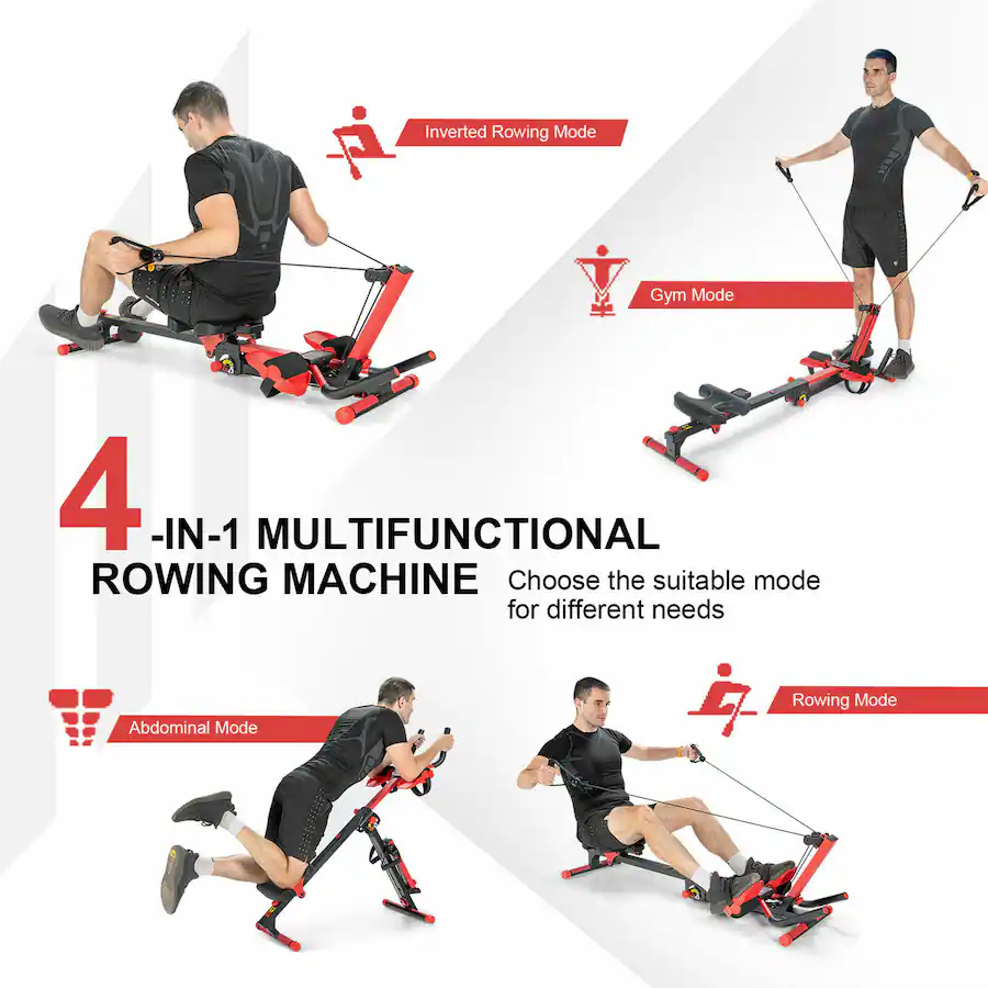 Costway 4 in 1 Folding Rowing Machine AB Crunch Workout Machine with ...