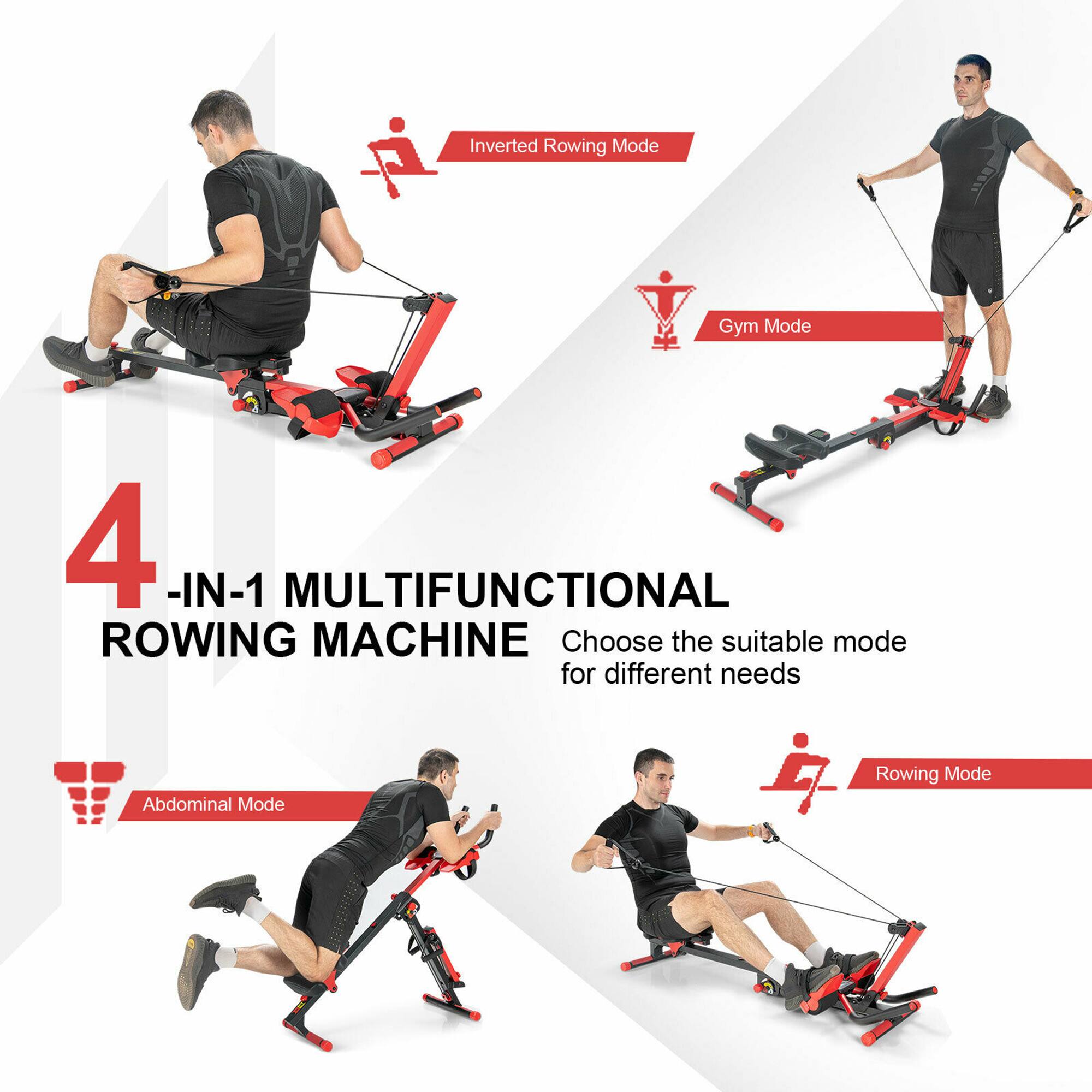 Inverted Rowing Mode, Gym Mode, and Abdominal Mode are all part of the 4-in-1 Multifunctional Rowing Machine. This machine allows users to choose the most suitable mode for their specific needs, providing a versatile and effective workout experience.