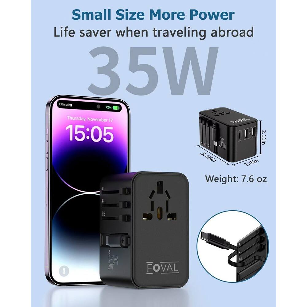 Small Size More Power  
Life saver when traveling abroad  

35W  

Charging  
72%  
Thursday, November 17  
15:05  

Weight: 7.6 oz  

Dimensions:  
2.11in x 3.66in x 2.16in  

FOVAL
