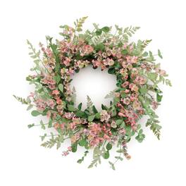 BreeBe - Mixed Blossom Floral Wreath 18"D - Pink, Green