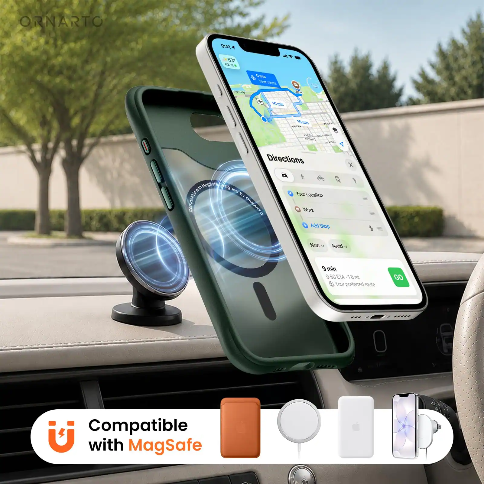 ORNARTO 9A 5 NATI & Smi T vOdA dr - 10 w Directions X snggling wt d  Dry Compaone Ofa B S Your Location Work AdA Stop Now Auoid g min 9:50 ETA 18 t & Your prefened Tade GO Compatible with MagSafe