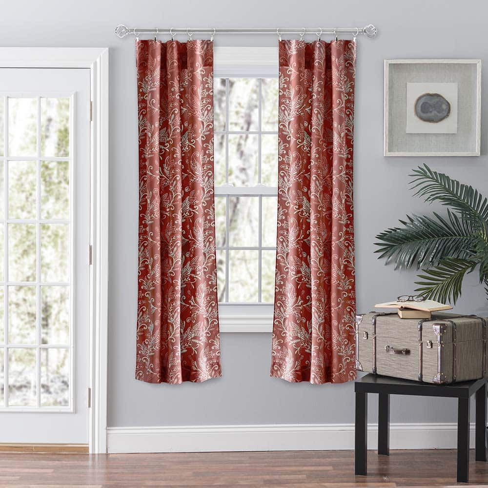 Ellis Curtain - Lexington Leaf Pattern on Colored Ground Curtain Pair with Ties 56"x63" - Brick
