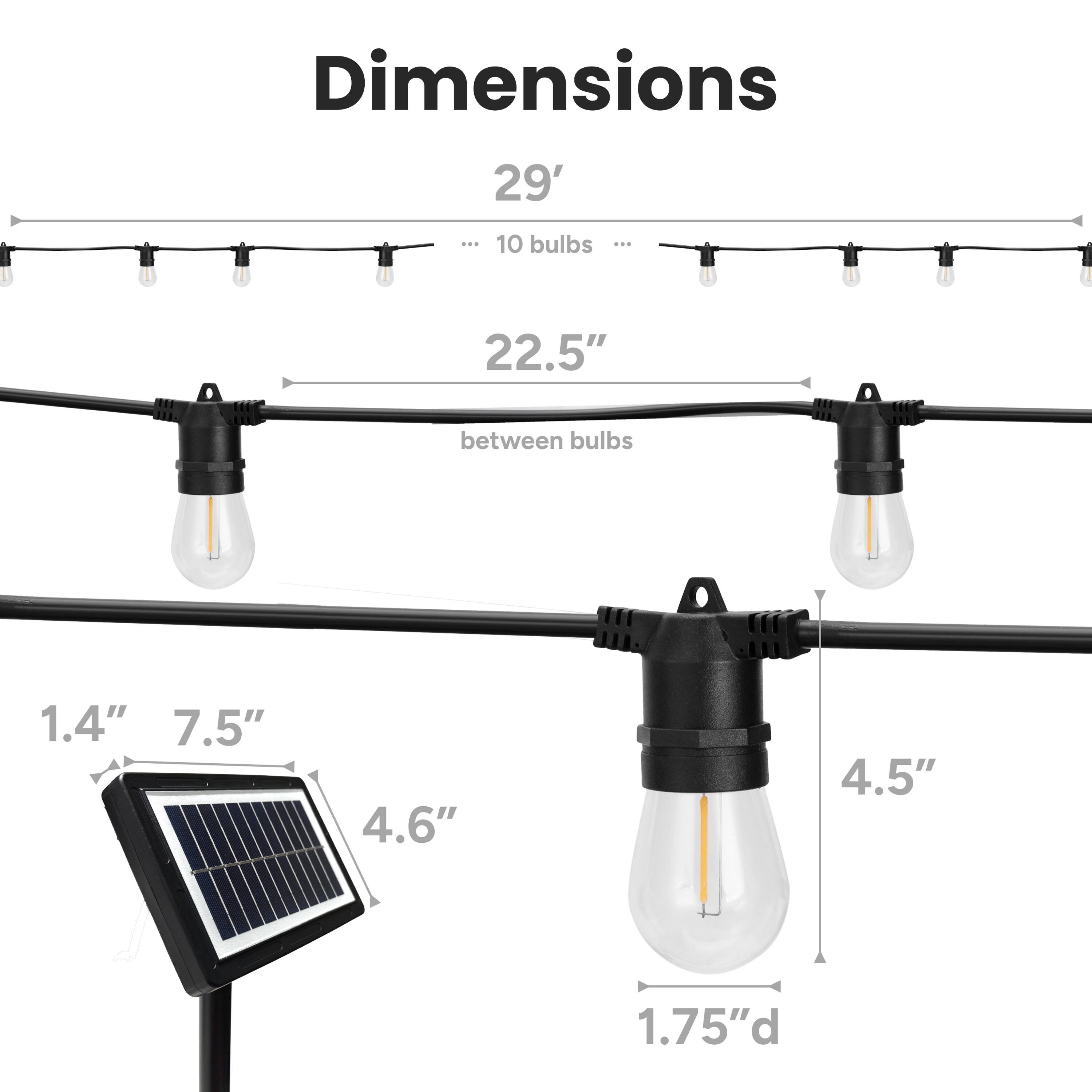 Dimensions

29' ... 10 bulbs ... 22.5" between bulbs

1.4" 7.5" 4.6" 4.5" 1.75"d