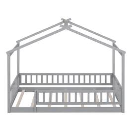 Whisen - Twin Size Wood House Bed Frame with Fence for Kids and Teens - Gray