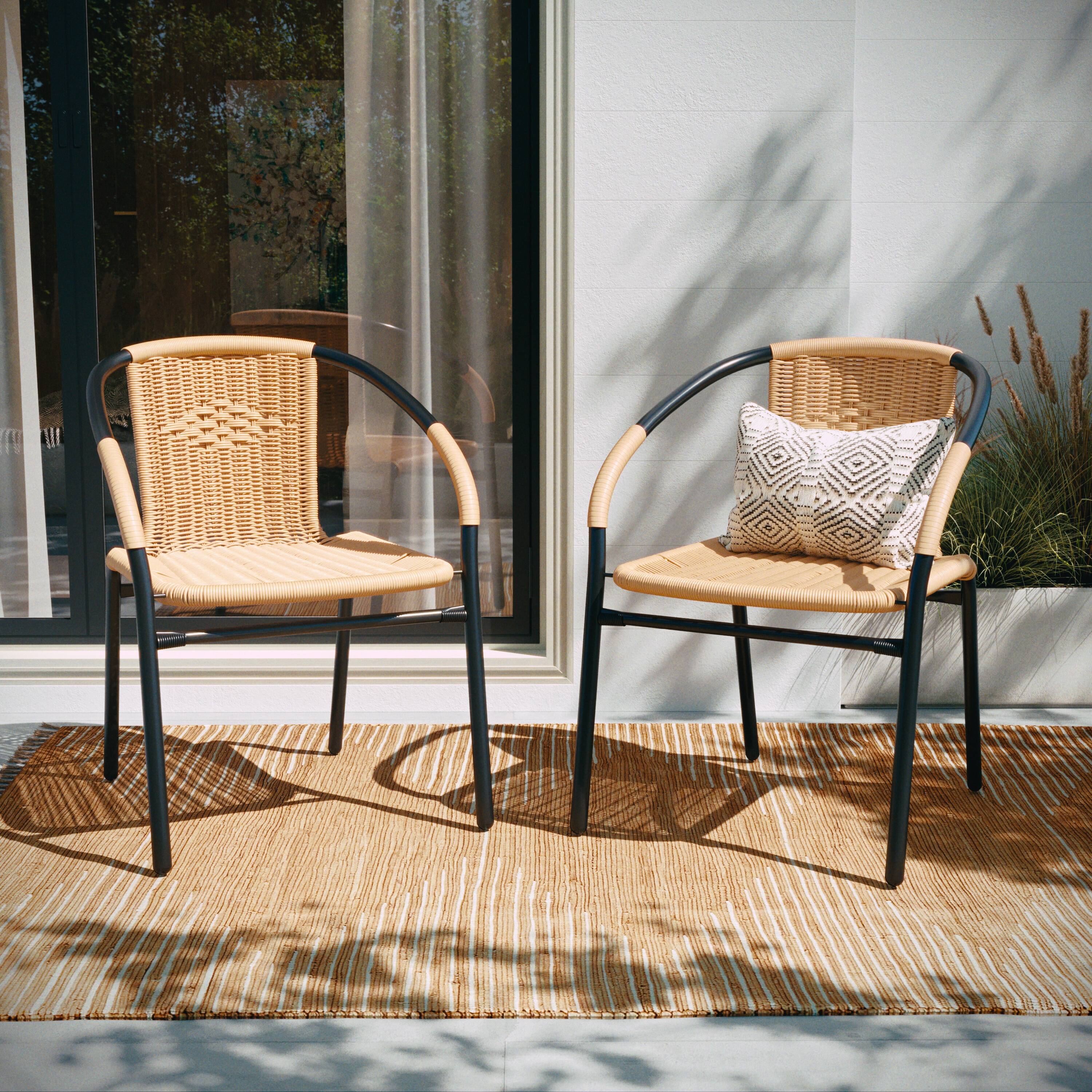 Alt View 6. Emma + Oliver - 4 Pack Rattan Indoor-Outdoor Restaurant Stack Chair with Curved Back - Beige.