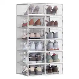 Songmics Home - Shoe Boxes, Pack of 12 Shoe Storage Organizers, Stackable Clear Plastic Boxes for Closet, Fit up to US Size 11 - Transparent and White