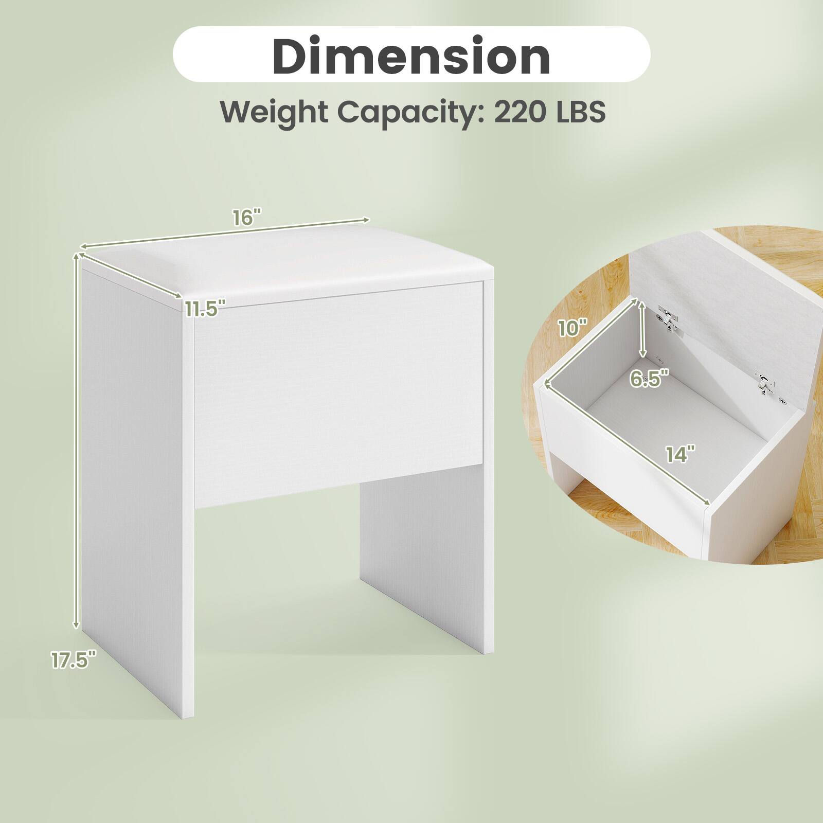 Dimension  
Weight Capacity: 220 LBS  

16" x 11.5" x 17.5"  
14" x 10" x 6.5"