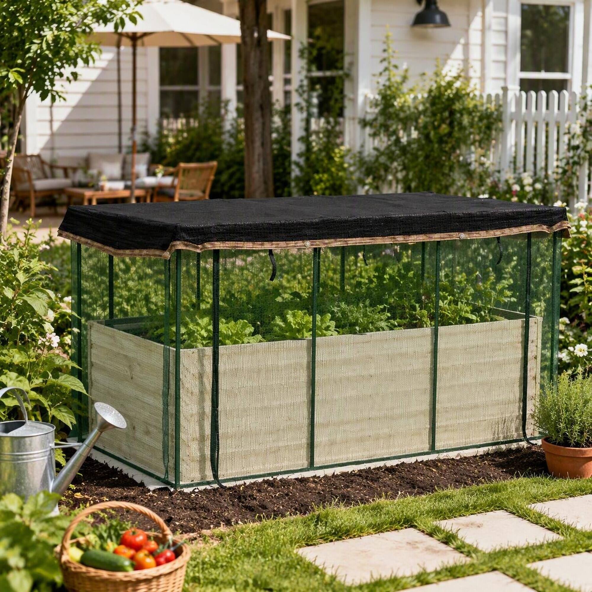 Alt View 1. RYHNUYNE - Galvanized Steel Raised Garden Bed with Crop Cage and Shade Cloth, 90.5x43.25x43.25 Inch, Beige Planter - Beige.
