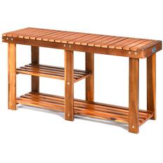 Front. Boyel Living - 3 Tier Freestanding Wooden Shoe Rack with Seat and 350 lb Capacity Storage - Brown.