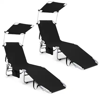 Front. Gymax - Gymax Set of 2 Foldable Lounge Chair Adjustable Outdoor Beach Patio Recliner W/ Sun Shade - Black.