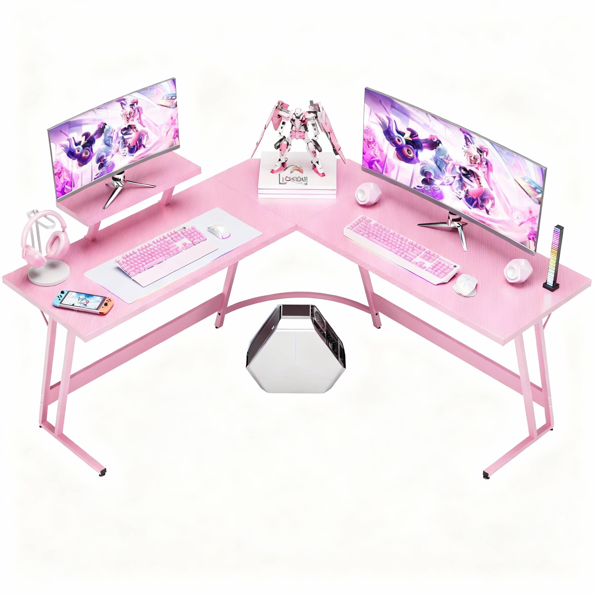 OMOMMD - L-Shaped Gaming Desk 51", Carbon Fiber Corner PC Workstation with Monitor Riser - Pink 51 Inch
