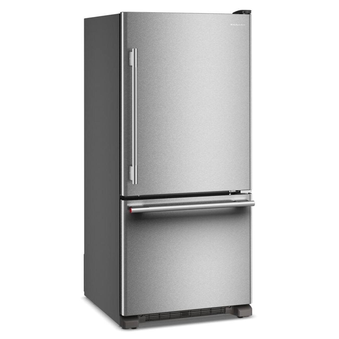Angle. KitchenAid - 19 Cu. Ft. 30-Inch Standard-Depth Bottom Mount Refrigerator with Right Door Swing - PrintShield Stainless.