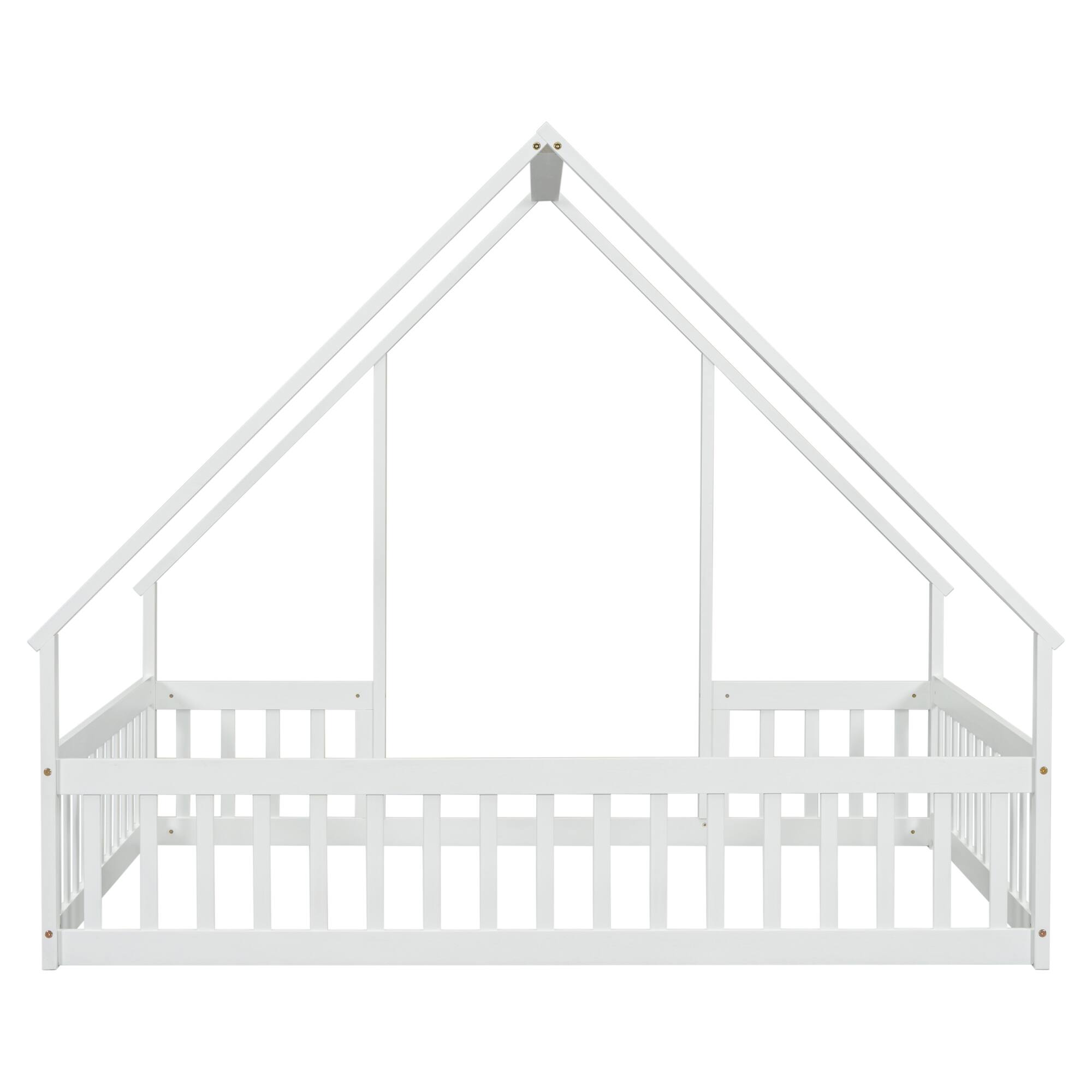 Left. GOODSILO - House-Shaped Floor Bed with Protective Fence and Guardrails for Children's Bedroom - White.