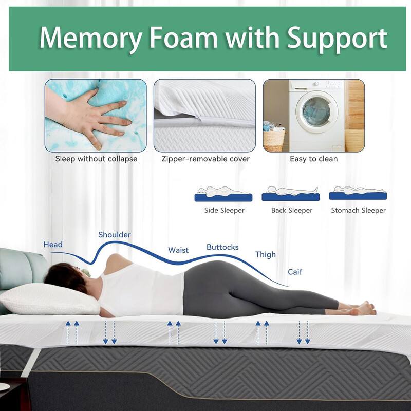 Memory Foam with Support

- Sleep without collapse
- Zipper-removable cover
- Easy to clean

Side Sleeper
Back Sleeper
Stomach Sleeper

Head
Shoulder
Waist
Buttocks
Thigh
Caif