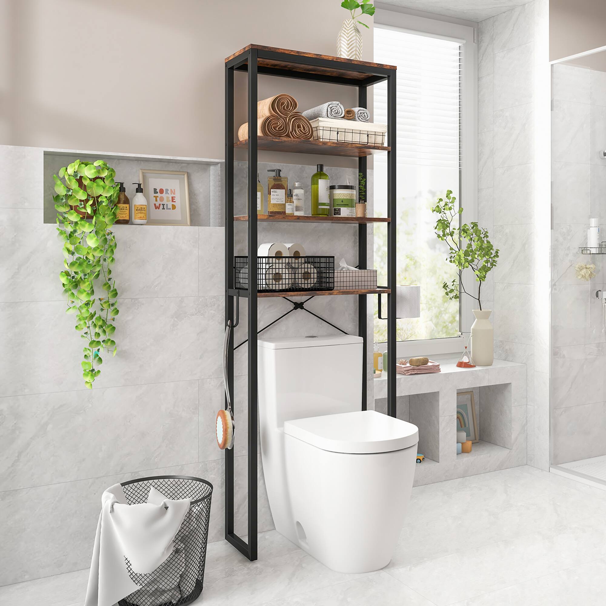 Alt View 3. Gymax - Gymax Over The Toilet Storage 4-Tier Industrial Over-the-Toilet Space Saver Storage Rack Rustic Brown - Rustic Brown.