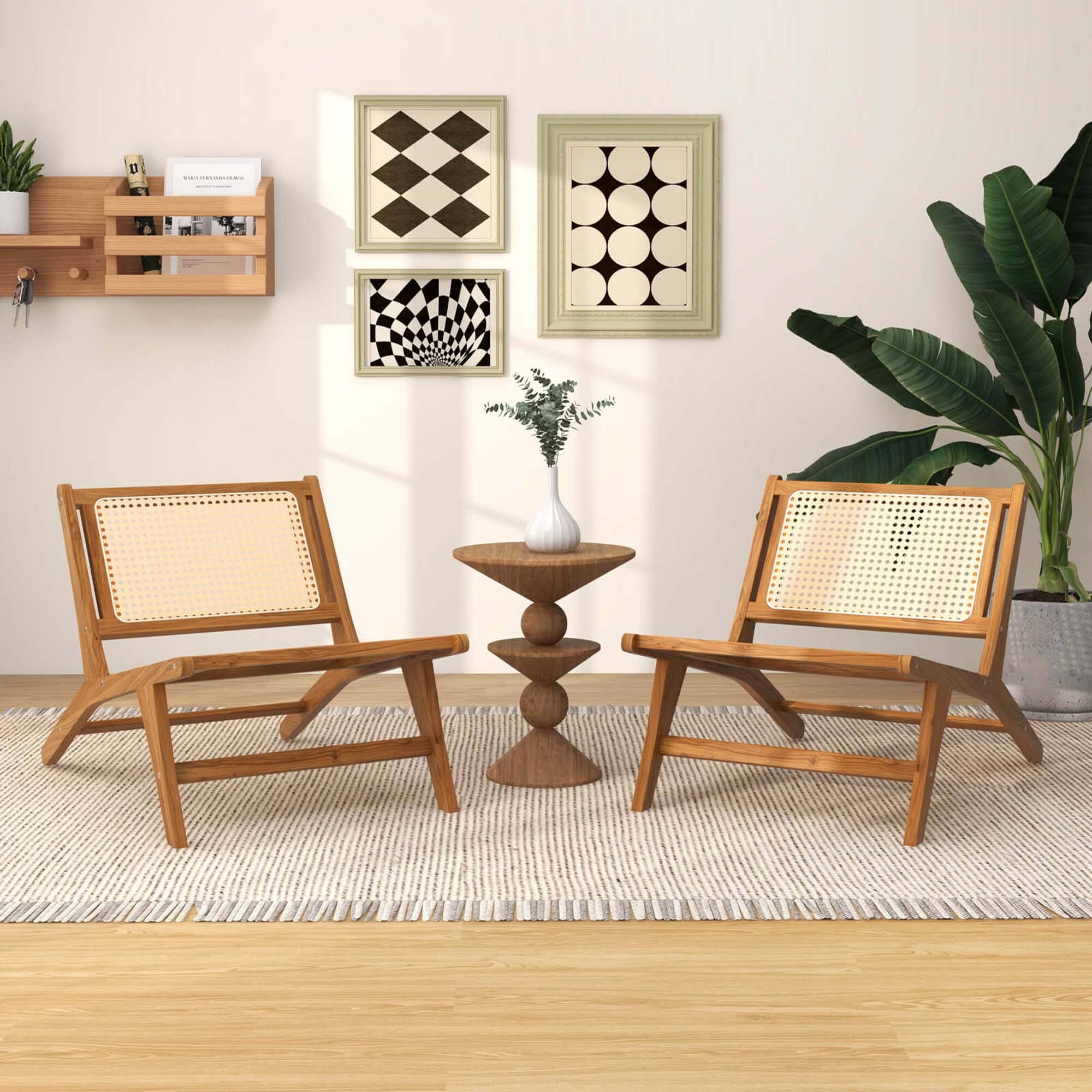 Alt View 3. Costway - Costway 1 PCS Mid Century Modern Teak Wooden Chair with Handwoven Rattan Seat & Backrest - Natural.