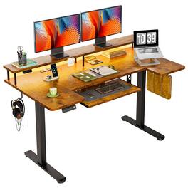AODK - 55" U-Shaped Electric Height-Adjustable Standing Desk with Keyboard Tray,Power Outlets and LED Lights - Brown