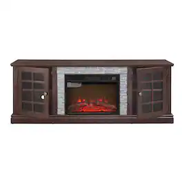Boyel Living - 70.12-in Electric Fireplace TV Stand with 23-in Insert 2-Door Storage and Faux Stone Surround - Cherry