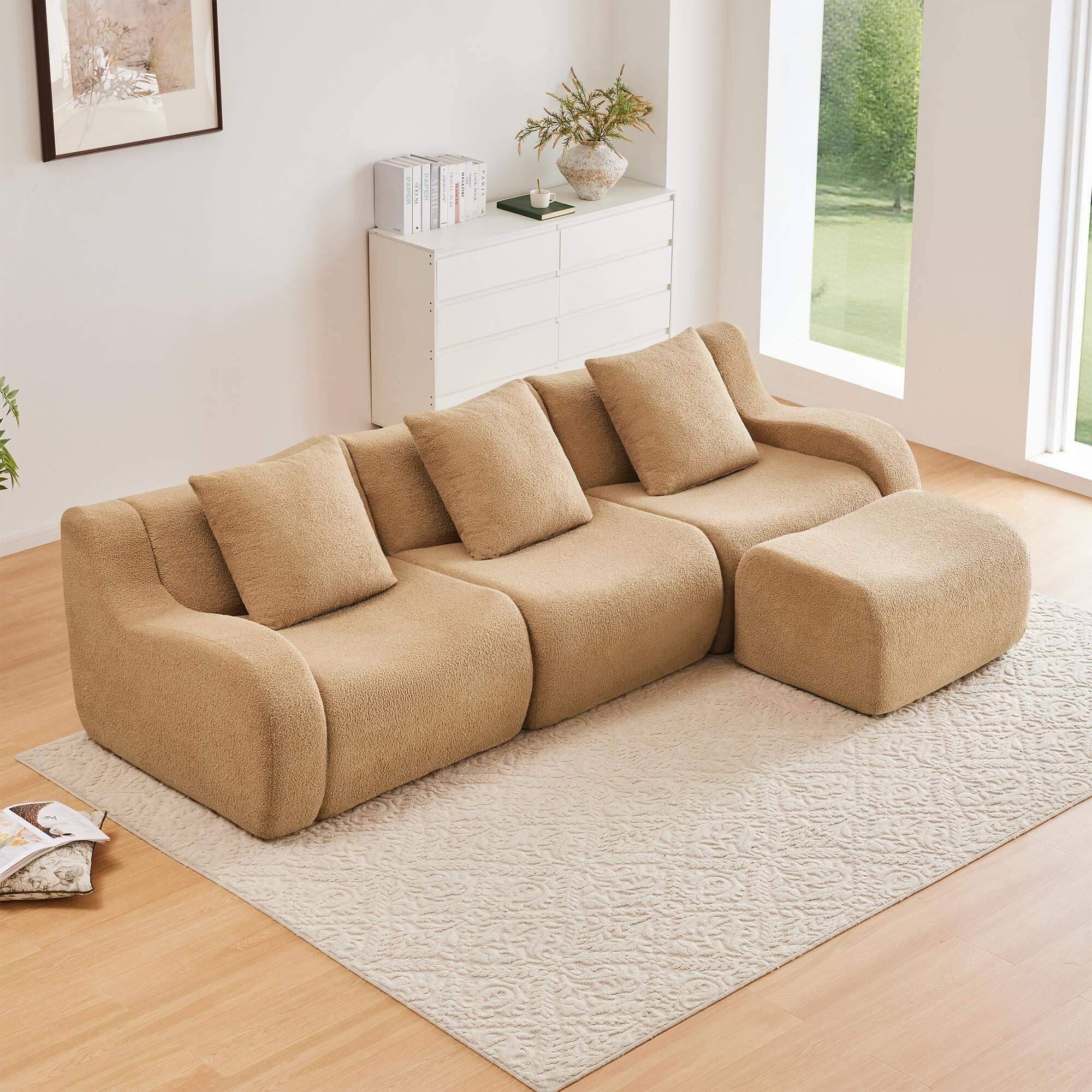 Alt View 1. Roomtec - Boneless Sofa3 Seat HighQuality Teddy FabricAntiSlip DesignNo Assembly Curved Armrests Streamlined DesignAssembly - Camel.
