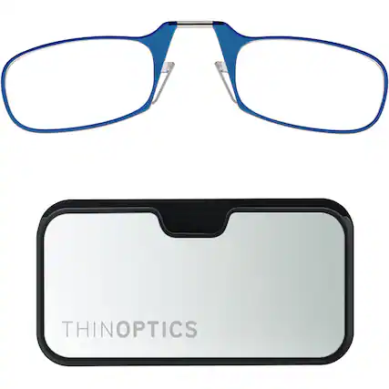Front. ThinOptics - ThinOptics Glasses with Metal Finish Pod - +1.50 - Blue Frame, Silver Black Pod - Blue Frame, Silver Black Pod.