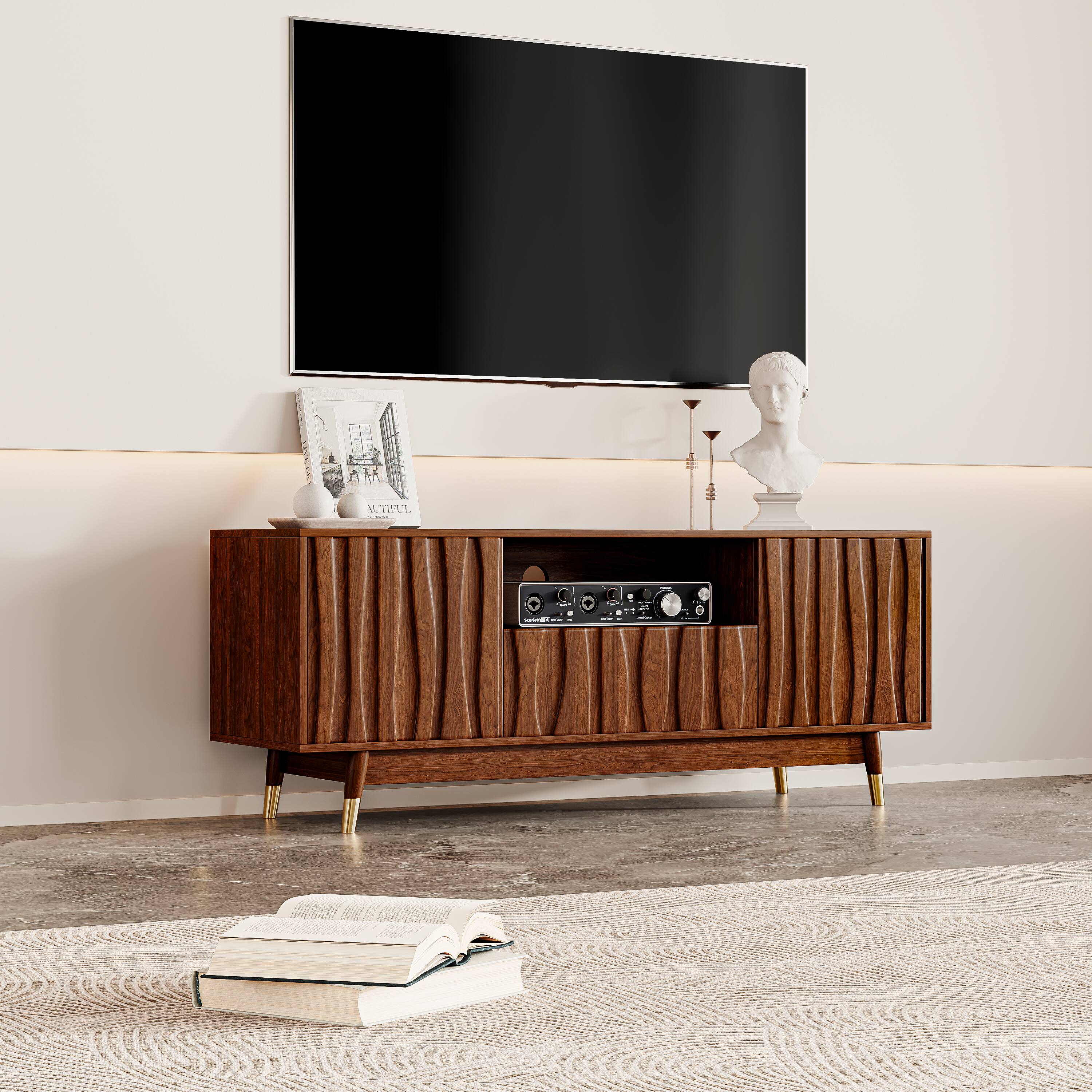 MSOOB - 55'' Walnut Finish TV Stand For 32/43/55 Inch TVs, Mid Century Modern Wood Media Console Entertainment Center - Brown