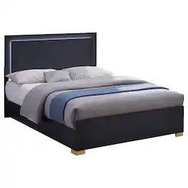 Manhattan Lane - Dex Platform Queen Bed, Panel LED Headboard, Black Wood Melamine Finish - Black/Gold